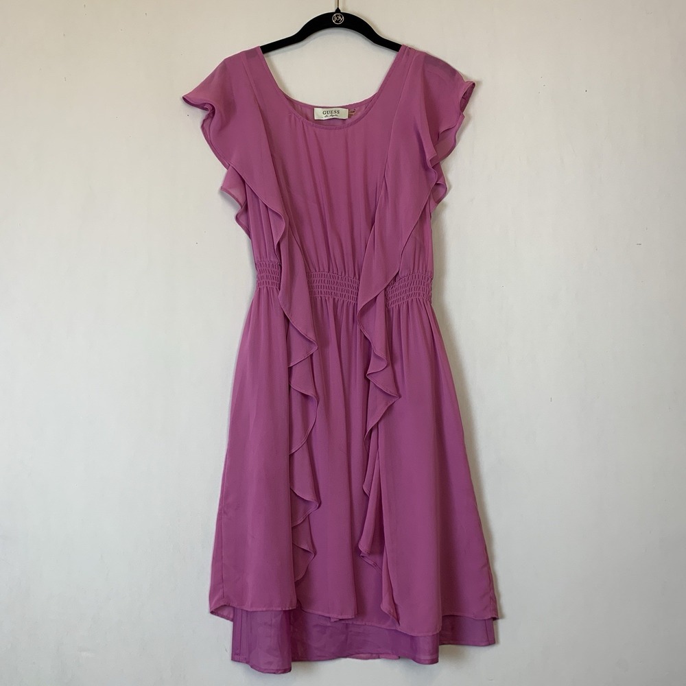 Guess Los Angeles Dress Womens 10 Pink Sheer Sheath Ruffles Flutter Sleeve